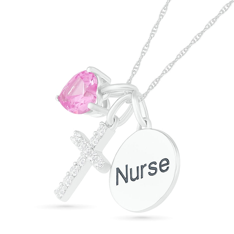5.0mm Lab-Created Pink and White Sapphire Cross and Nurse" Disc Charm Pendant in Sterling Silver"