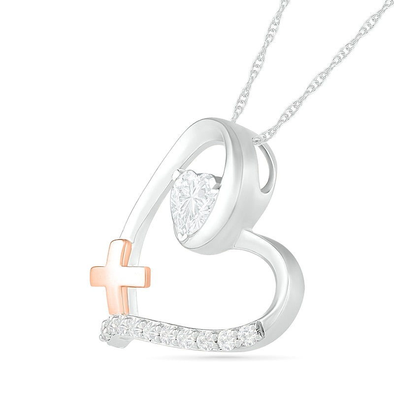 4.0mm Lab-Created White Sapphire Tilted Loop Heart Outline with Greek Cross Pendant in Sterling Silver and 10K Rose Gold