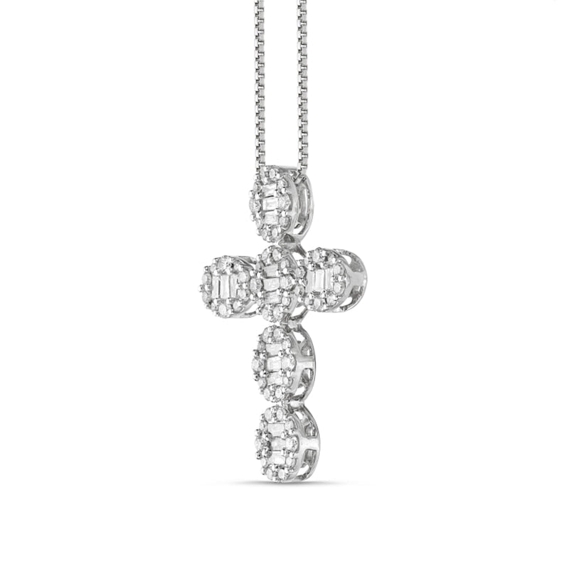 0.5 CT. T.W. Baguette and Round Natural Diamond Cross Pendant in 14K White Gold