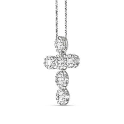0.5 CT. T.W. Baguette and Round Natural Diamond Cross Pendant in 14K White Gold