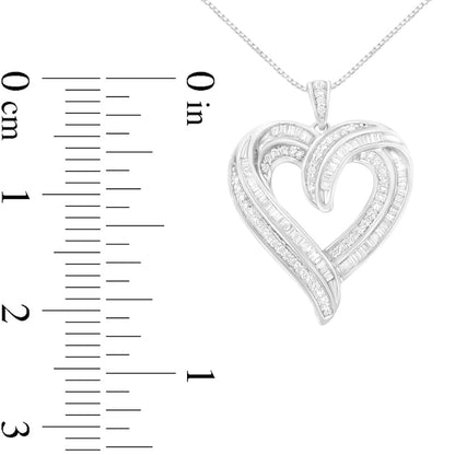0.75 CT. T.W. Baguette and Round Natural Diamond Swirl Heart Pendant in Sterling Silver