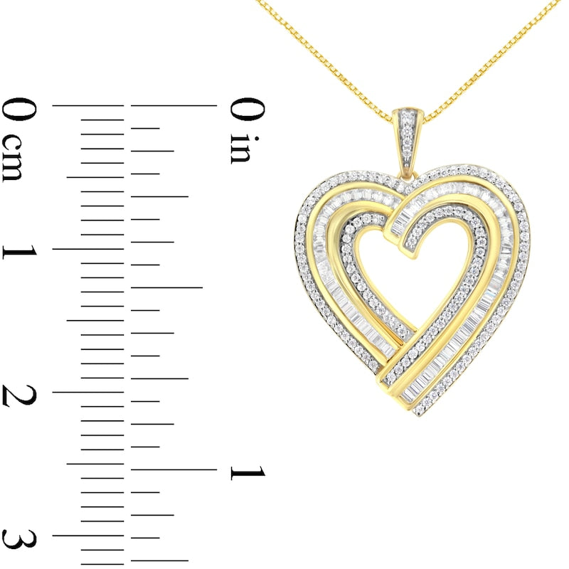 1.38 CT. T.W. Baguette and Round Natural Diamond Heart Pendant in Sterling Silver with 14K Gold Plate