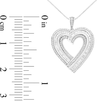 1.38 CT. T.W. Baguette and Round Natural Diamond Heart Pendant in Sterling Silver