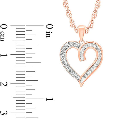 0.33 CT. T.W. Baguette and Round Natural Diamond Heart Pendant in 10K Rose Gold