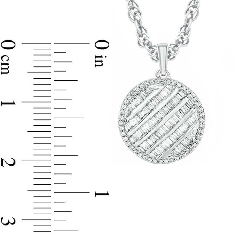 0.5 CT. T.W. Baguette and Round Natural Diamond Striped Disc Pendant in 10K White Gold