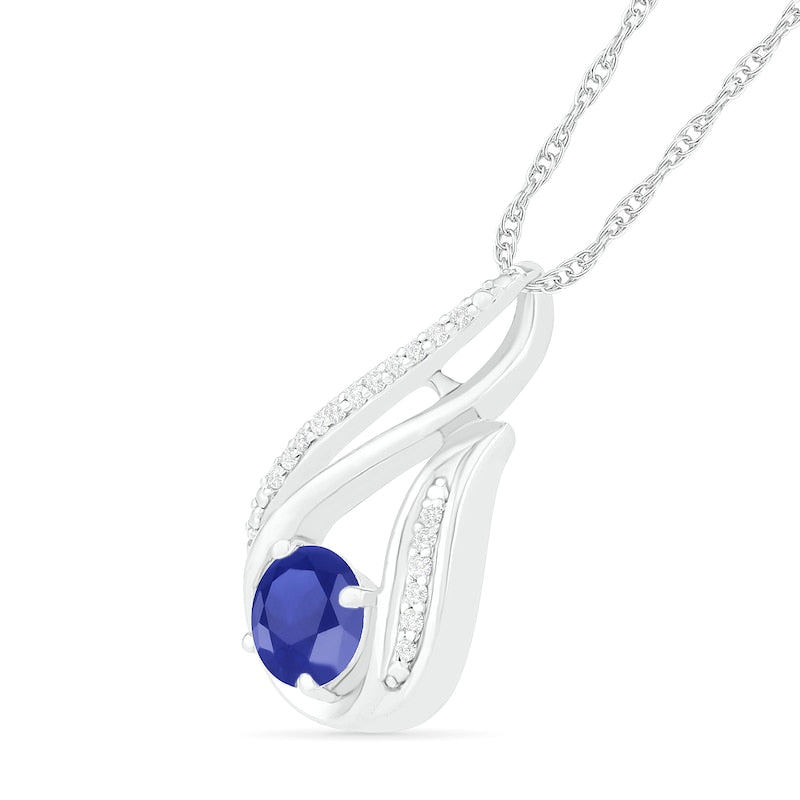 6.0mm Blue Lab-Created Sapphire and 0.07 CT. T.W. Diamond Beaded Open Flame Pendant in Sterling Silver