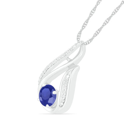 6.0mm Blue Lab-Created Sapphire and 0.07 CT. T.W. Diamond Beaded Open Flame Pendant in Sterling Silver