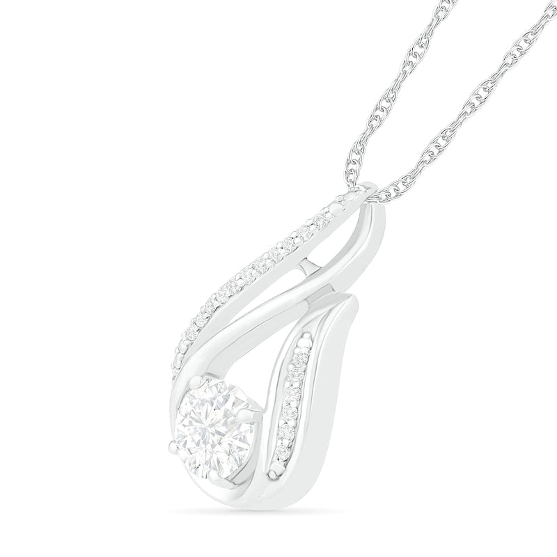 6.0mm White Lab-Created Sapphire and 0.07 CT. T.W. Diamond Beaded Open Flame Pendant in Sterling Silver