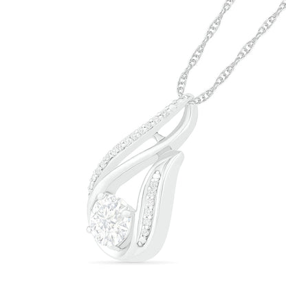 6.0mm White Lab-Created Sapphire and 0.07 CT. T.W. Diamond Beaded Open Flame Pendant in Sterling Silver