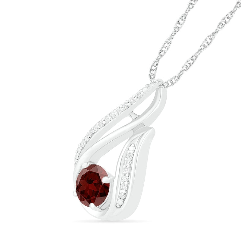 6.0mm Garnet and 0.07 CT. T.W. Natural Diamond Beaded Open Flame Pendant in Sterling Silver