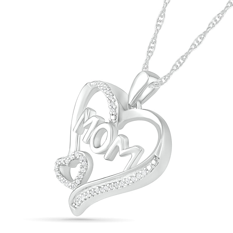 0.1 CT. T.W. Natural Diamond Double Heart MOM" Pendant in Sterling Silver"