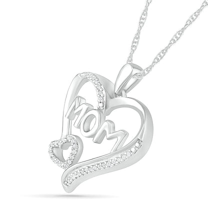 0.1 CT. T.W. Natural Diamond Double Heart MOM" Pendant in Sterling Silver"