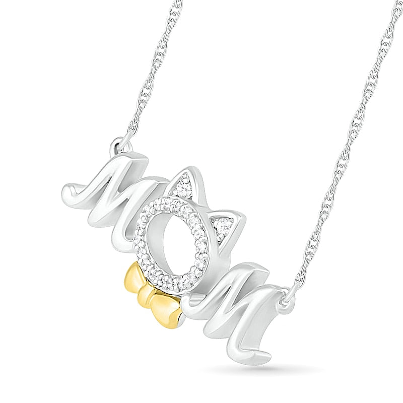 0.05 CT. T.W. Natural Diamond MOM" and Cat Outline Necklace in Sterling Silver and 10K Yellow Gold"