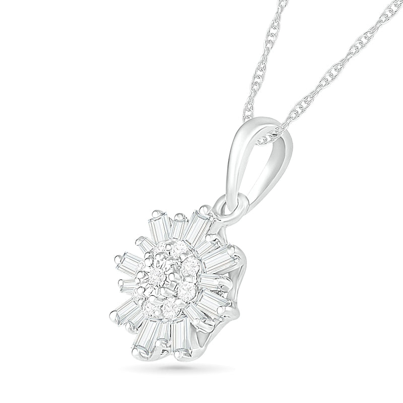 0.25 CT. T.W. Baguette and Round Natural Diamond Snowflake Pendant in 10K White Gold
