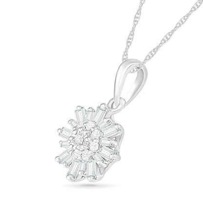 0.25 CT. T.W. Baguette and Round Natural Diamond Snowflake Pendant in 10K White Gold