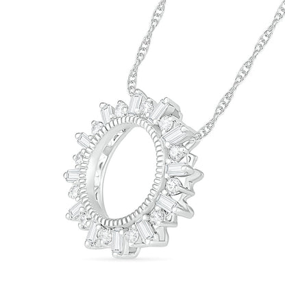 0.25 CT. T.W. Baguette and Round Natural Diamond Circle Sunburst Pendant in 10K White Gold