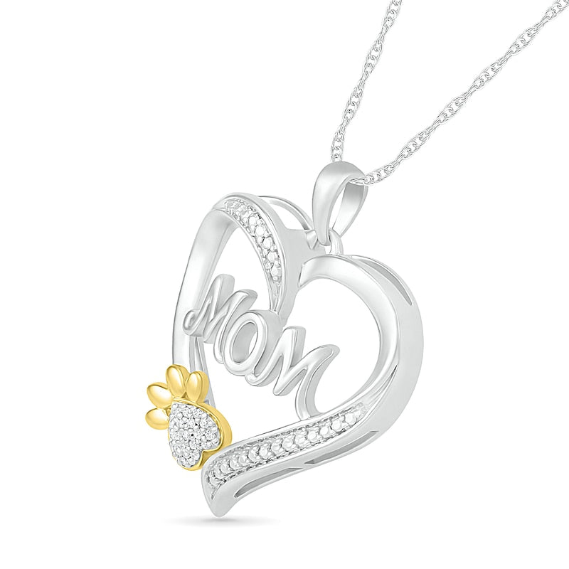 Natural Diamond Accent Heart Mom" with Paw Pendant in Sterling Silver and 10K Yellow Gold"