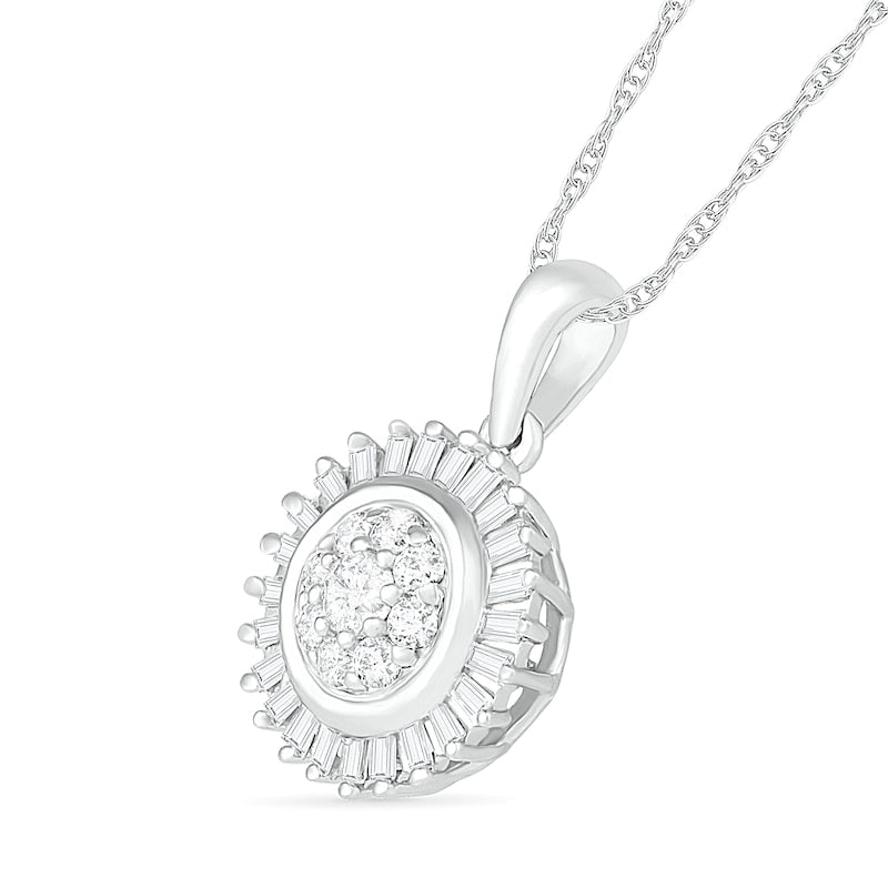0.38 CT. T.W. Composite Baguette and Round Natural Diamond Sunburst Pendant in 10K White Gold