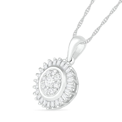 0.38 CT. T.W. Composite Baguette and Round Natural Diamond Sunburst Pendant in 10K White Gold