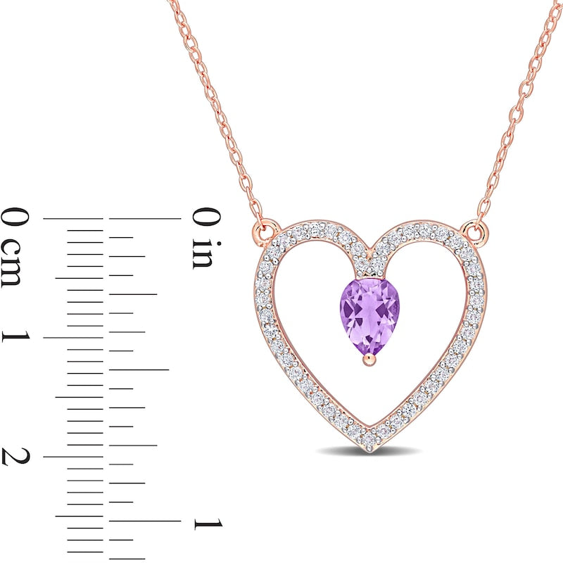 Pear-Shaped Amethyst and White Topaz Heart Outline Necklace in Sterling Silver with Rose Rhodium - 17