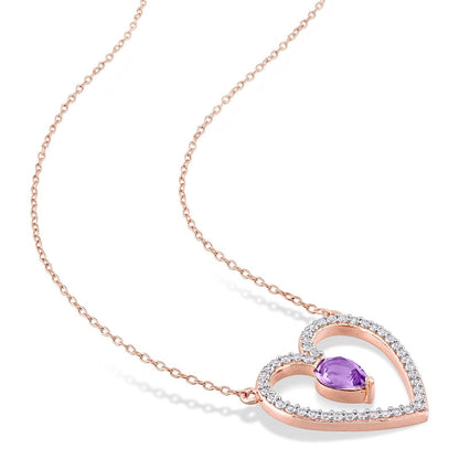 Pear-Shaped Amethyst and White Topaz Heart Outline Necklace in Sterling Silver with Rose Rhodium - 17
