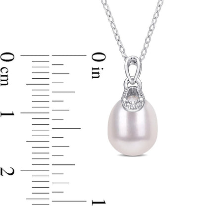 8.5-9.0mm Oval Cultured Freshwater Pearl and Natural Diamond Accent Doorknocker Drop Pendant in Sterling Silver