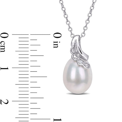 8.5-9.0mm Oval Cultured Freshwater Pearl and Natural Diamond Accent Scallop Ribbon Overlay Swirl Pendant in Sterling Silver