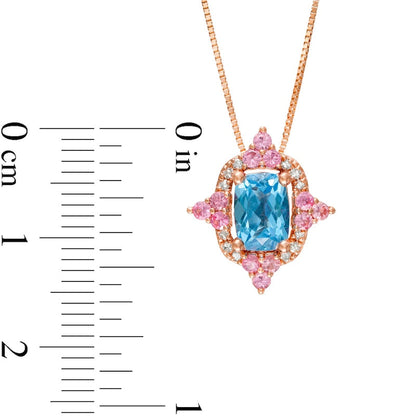 Captivating Color Swiss Blue Topaz, Pink Spinel and 0.05 CT. T.W. Natural Diamond Frame Pendant in 14K Rose Gold