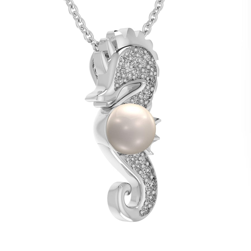 5.0mm Cultured Freshwater Pearl and Lab-Created White Sapphire Seahorse Pendant in Sterling Silver