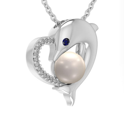 Cultured Freshwater Pearl, Lab-Created Blue Sapphire and 0.05 CT. T.W. Diamond Dolphin Heart Pendant in Sterling Silver