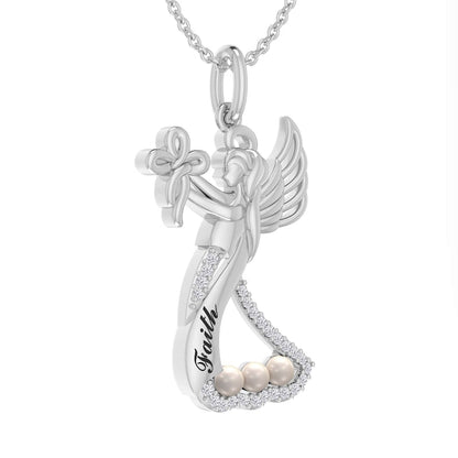 Cultured Freshwater Pearl and 0.05 CT. T.W. Natural Diamond Etched Faith" Cross Guardian Angel Pendant in Sterling Silver"