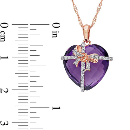 Checkerboard Heart-Shaped Amethyst and 0.13 CT. T.W. Natural Diamond Gift Bow Overlay Pendant in 10K Rose Gold - 17