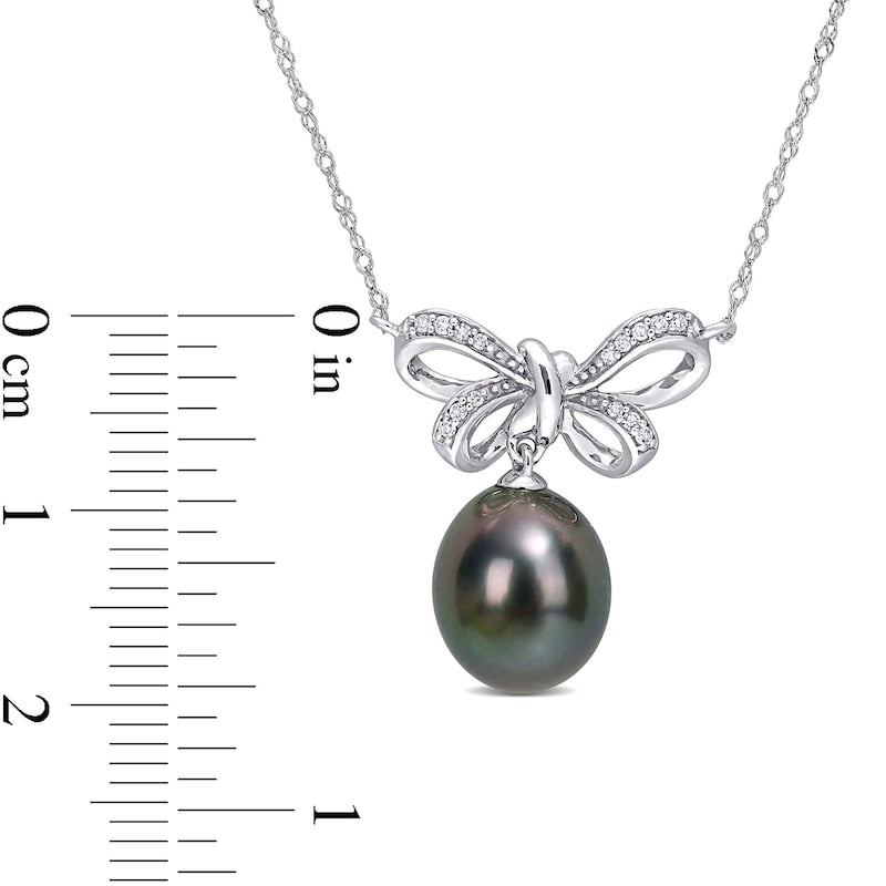 9.5-10.0mm Baroque Black Cultured Tahitian Pearl and 0.05 CT. T.W. Natural Diamond Bow Necklace in 10K White Gold - 17