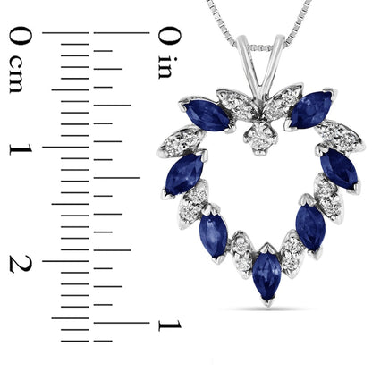 Marquise Blue Sapphire and 0.2 CT. T.W. Natural Diamond Leaf Alternating Wreath Heart Pendant in 14K White Gold