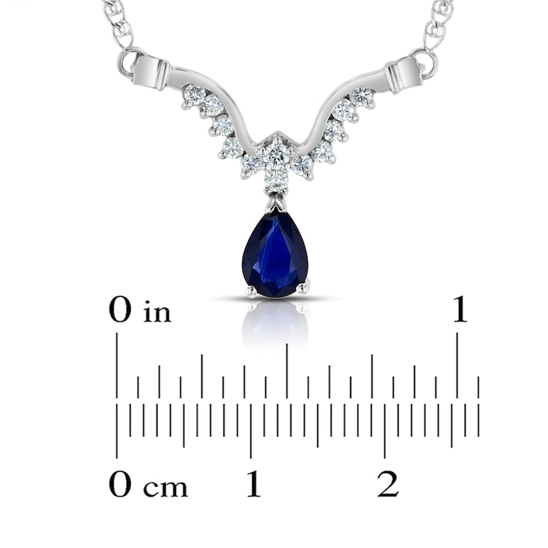 Pear-Shaped Blue Sapphire and 0.25 CT. T.W. Natural Diamond Curved Abstract Teardrop Necklace in 14K White Gold - 16