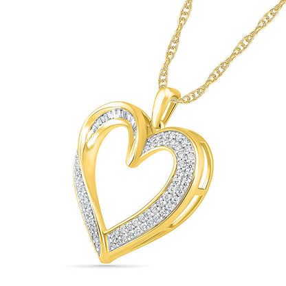 0.5 CT. T.W. Baguette and Round Natural Diamond Heart Pendant in 10K Yellow Gold