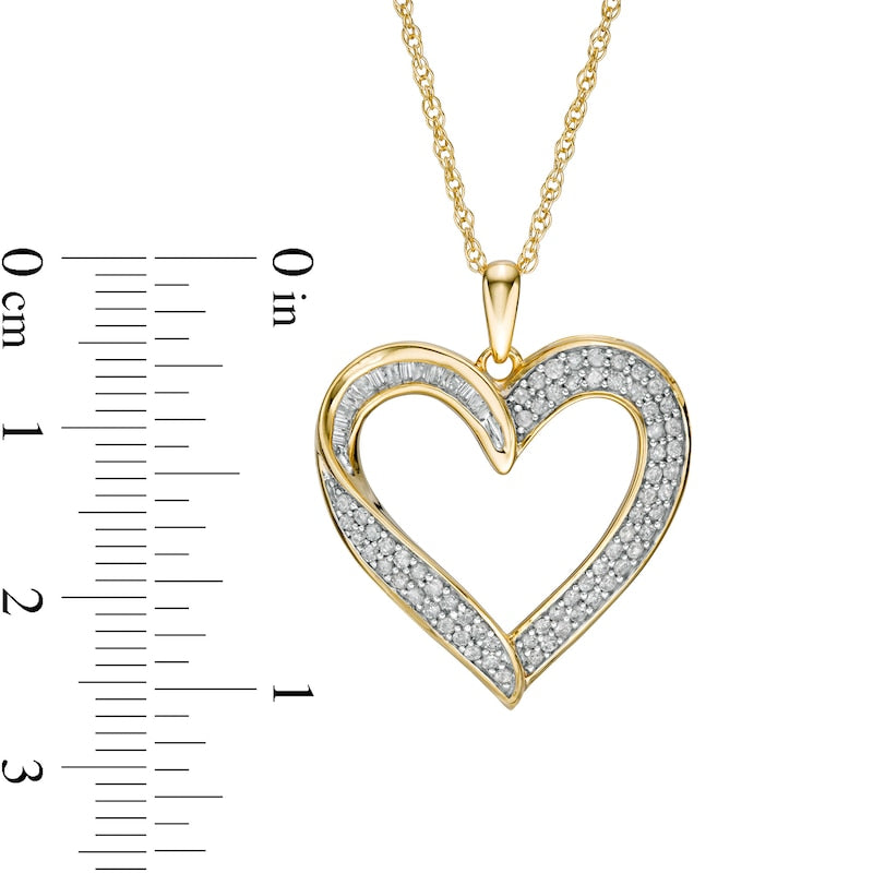 0.5 CT. T.W. Baguette and Round Natural Diamond Heart Pendant in 10K Yellow Gold
