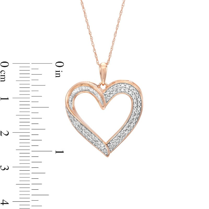 0.5 CT. T.W. Baguette and Round Natural Diamond Heart Pendant in 10K Rose Gold