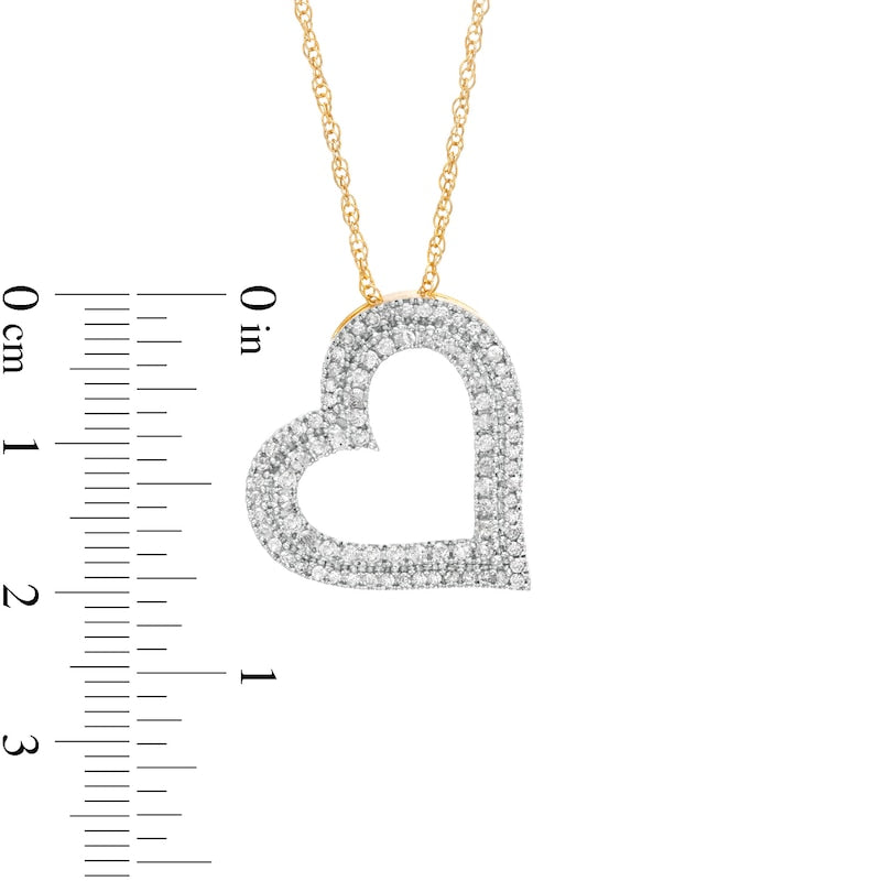 0.5 CT. T.W. Natural Diamond Double Row Tilted Heart Pendant in 10K Yellow Gold