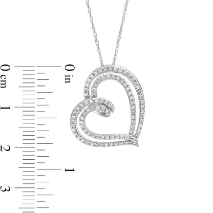 0.25 CT. T.W. Natural Diamond Double Row Tilted Ribbon Heart Pendant in 10K White Gold