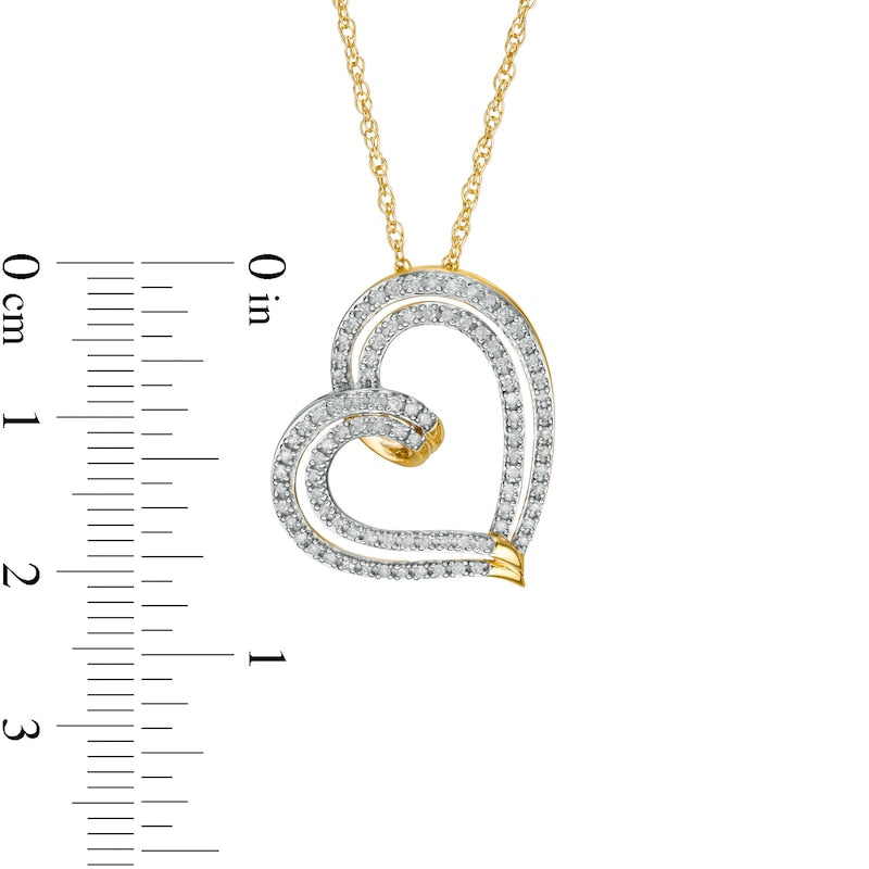 0.25 CT. T.W. Natural Diamond Tilted Ribbon Heart Pendant in 10K Yellow Gold