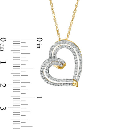 0.25 CT. T.W. Natural Diamond Tilted Ribbon Heart Pendant in 10K Yellow Gold