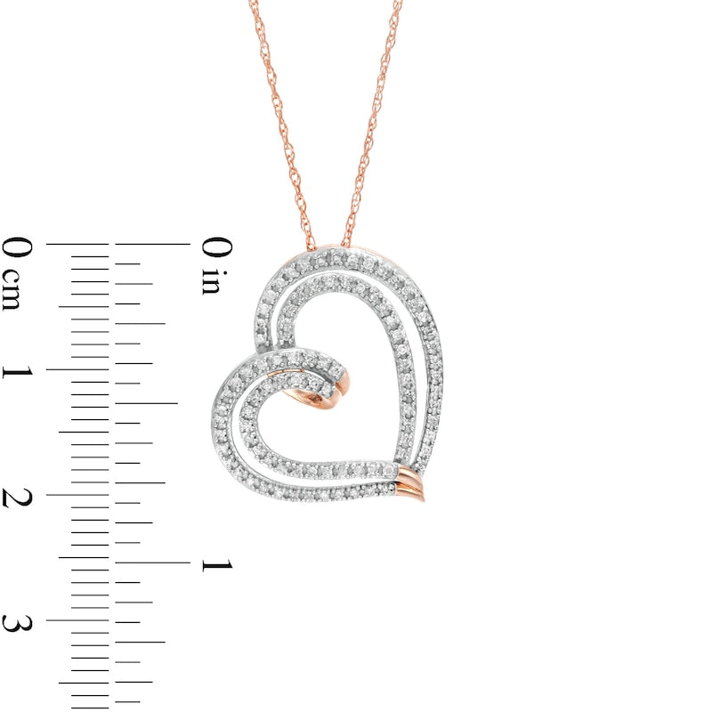 0.25 CT. T.W. Natural Diamond Double Row Tilted Ribbon Heart Pendant in 10K Rose Gold