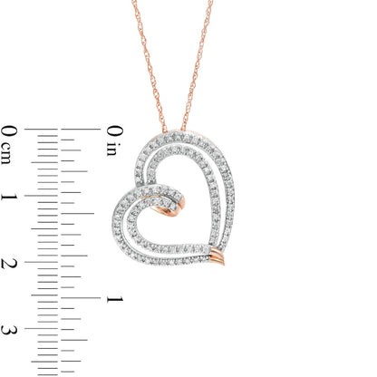 0.25 CT. T.W. Natural Diamond Double Row Tilted Ribbon Heart Pendant in 10K Rose Gold