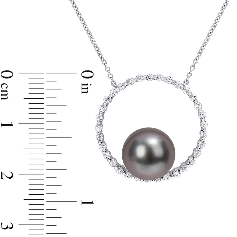 9.5-10.0mm Black Cultured Tahitian Pearl and White Sapphire Circle Necklace in 10K White Gold
