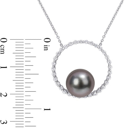9.5-10.0mm Black Cultured Tahitian Pearl and White Sapphire Circle Necklace in 10K White Gold