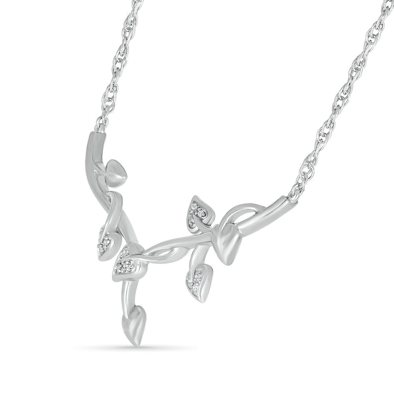 Natural Diamond Accent Y" Leaf Branch Necklace in Sterling Silver"