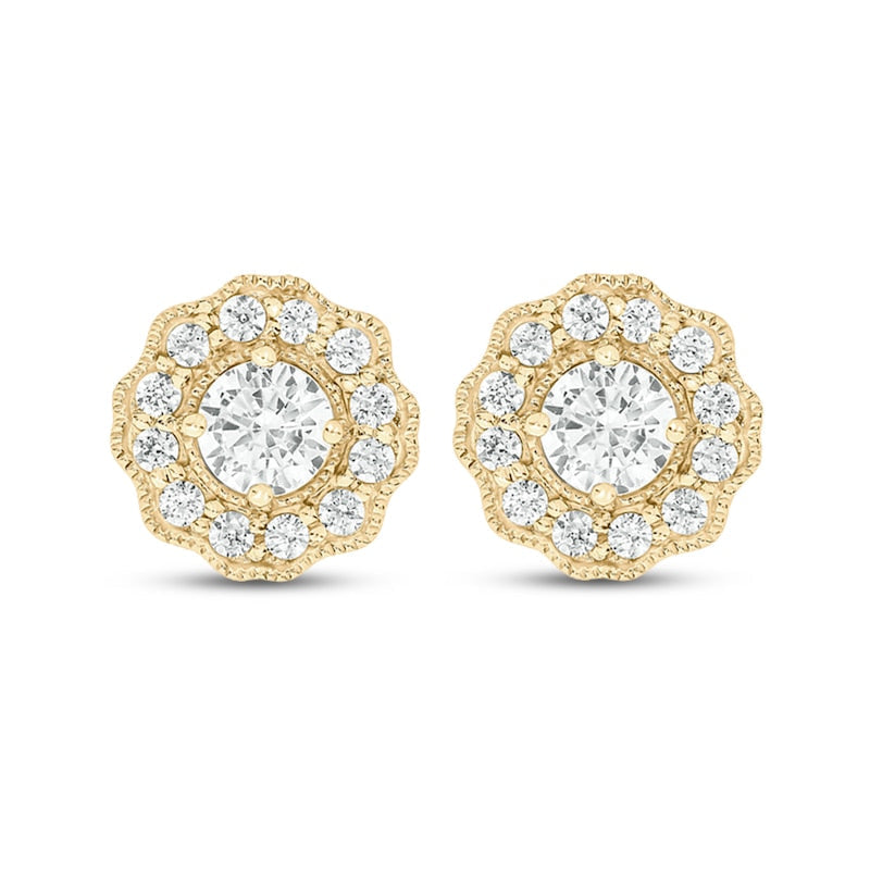 0.75 CT. T.W. Diamond Frame Vintage-Style Scallop Edge Stud Earrings in 10K Gold (I/I2)