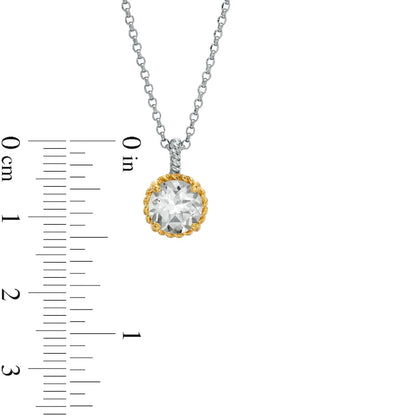 7.0mm White Topaz Solitaire Rope-Textured Frame and Drop Pendant in Sterling Silver and 10K Yellow Gold