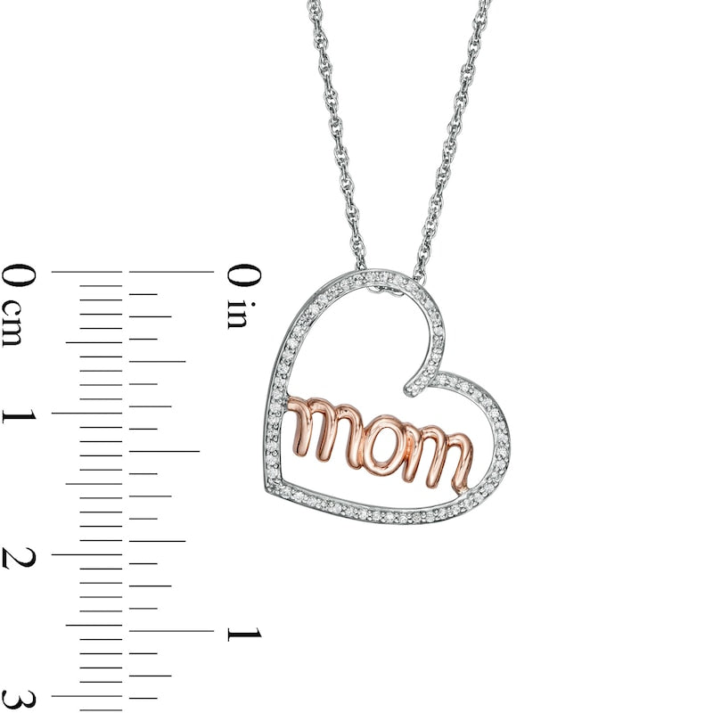 0.17 CT. T.W. Natural Diamond mom" in Tilted Heart Pendant in Sterling Silver and 10K Rose Gold"